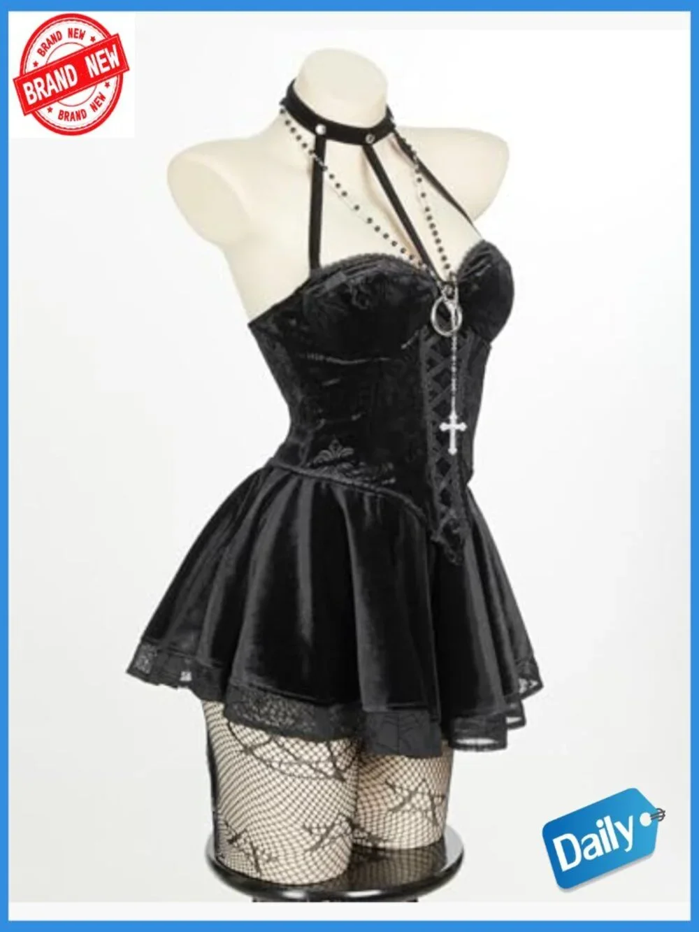 Gothic Corset Top Skirt Set with Net Stockings and Sleeves